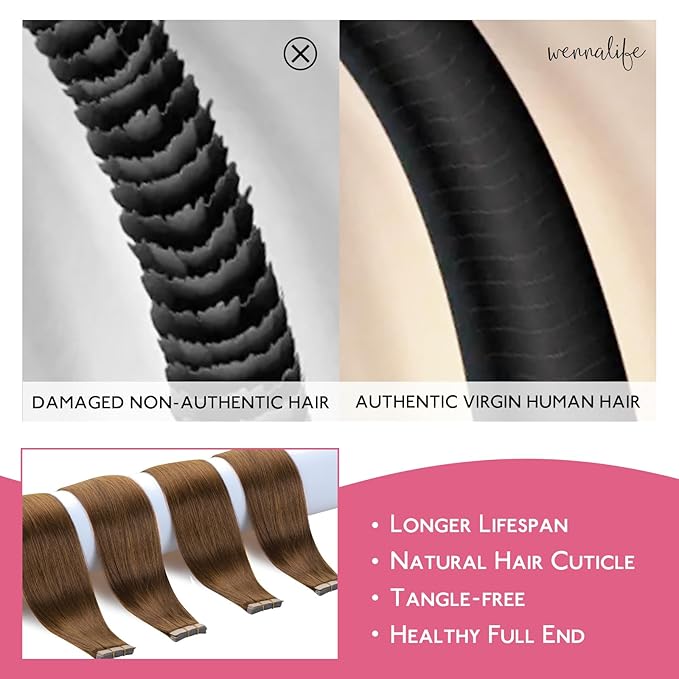 WENNALIFE Tape in Hair Extensions Human Hair Light Auburn Brown Tape in Extensions, 10pcs 25g 14 inch Remy Invisible Tape Ins Straight Colored Soft Real Human Hair Tape in Extensions Refill Set
