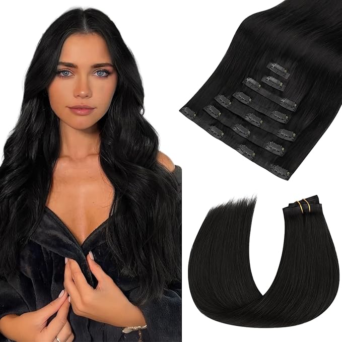 HOTBANANA Seamless Clip in Hair Extensions, 20 Inch 110g 7pcs Natural Black Invisible PU Skin Weft Straight Remy Human Hair Extensions