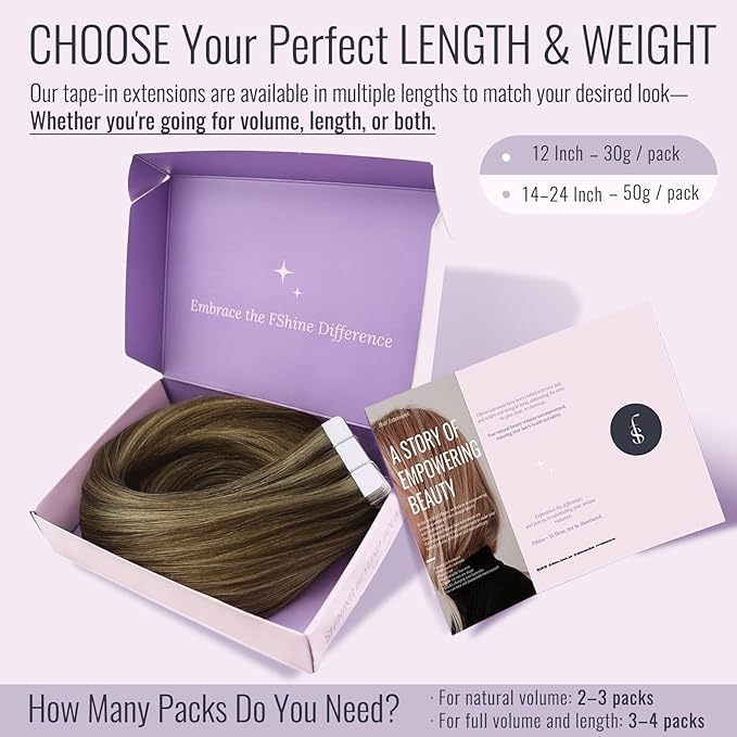 Fshine Tape in Hair Extensions 50 g Medium Brown Highlights Honey Blonde 20 Inch Straight Tape in Extensions 20 pcs Seamless Straight,Suitable for Wedding, Bridal & Bridesmaids Looks