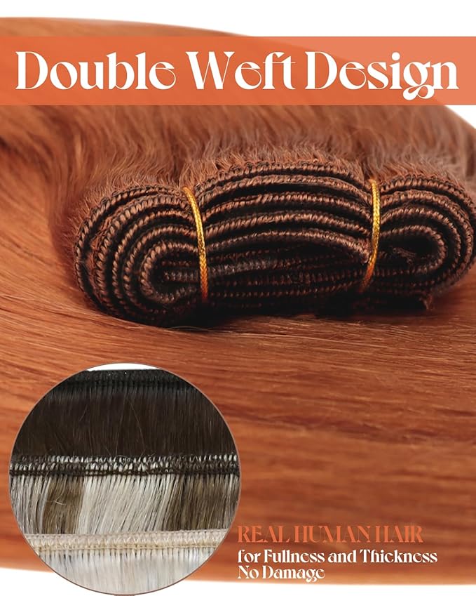 Sunny Hair Sew in Hair Extensions 22inch Sew in Extensions Human Hair Copper Weft Hair Extensions Human Hair Copper Brown Real Hair Weft Hair Extensions for Long Hair Bundle 100g