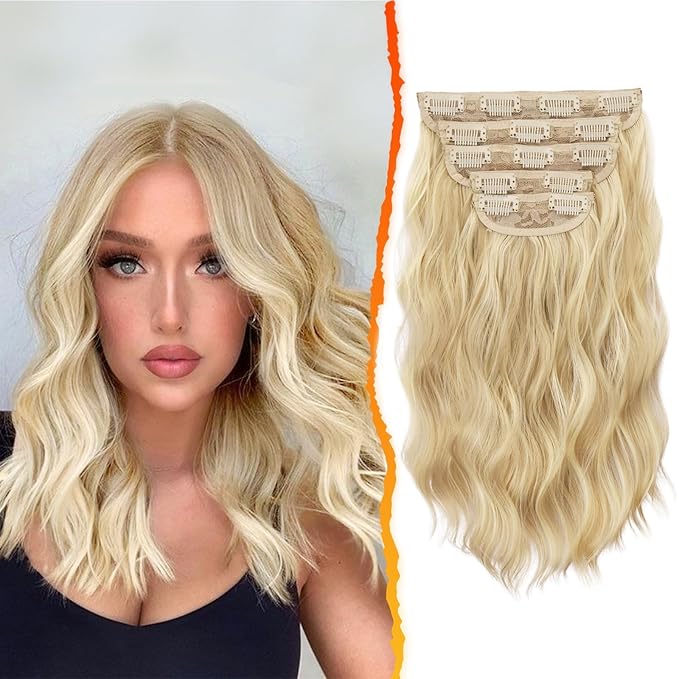 BARSDAR Light Ash Blonde Mix Clip in Hair Extensions - 14 Inch Wavy Blonde Clip in Hair Extensions for Women - 5PCs Thick Soft Synthetic Hairpieces Daily Party Halloween