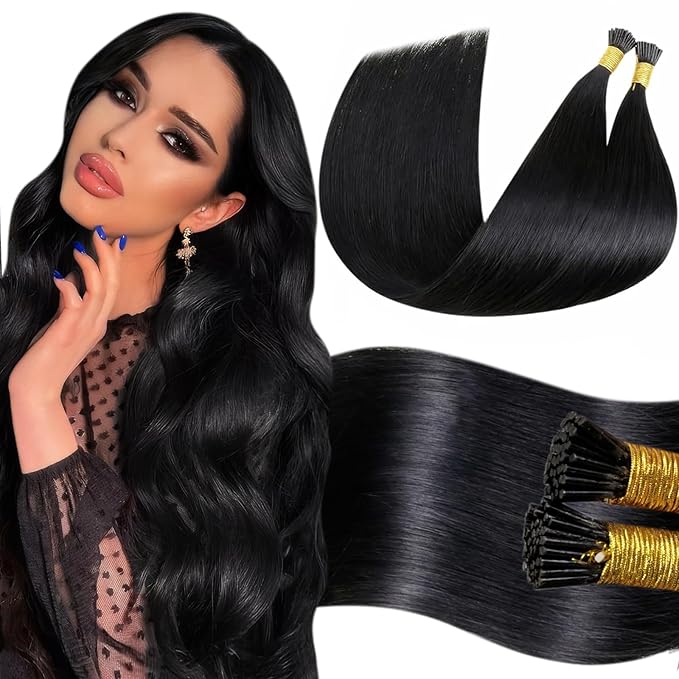 LaaVoo I Tip Hair Extensions Real Human Hair Jet Black Itip Human Hair Extensions Real Hair I Tips Hair Extension Soft Straight Hair 100s 100g 20inch