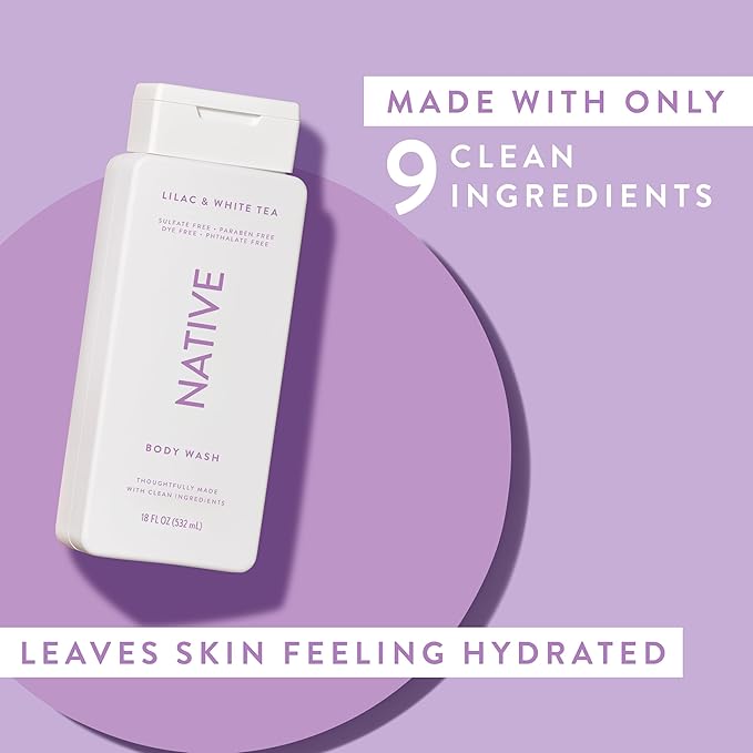 Native Body Wash Contains Naturally Derived Ingredients | For Women & Men, Sulfate, Paraben, & Dye Free Leaving Skin Soft and Hydrating | Lilac & White Tea 18 oz
