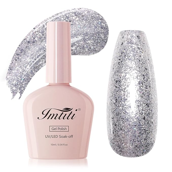 Imtiti Glitter Silver Gel Nail Polish, 1Pcs Starlight Sparkle Silver Soak Off UV LED Gel Polish, Nail Art Starter Manicure Salon DIY at Home for Women (0.34 Fl Oz-1934)