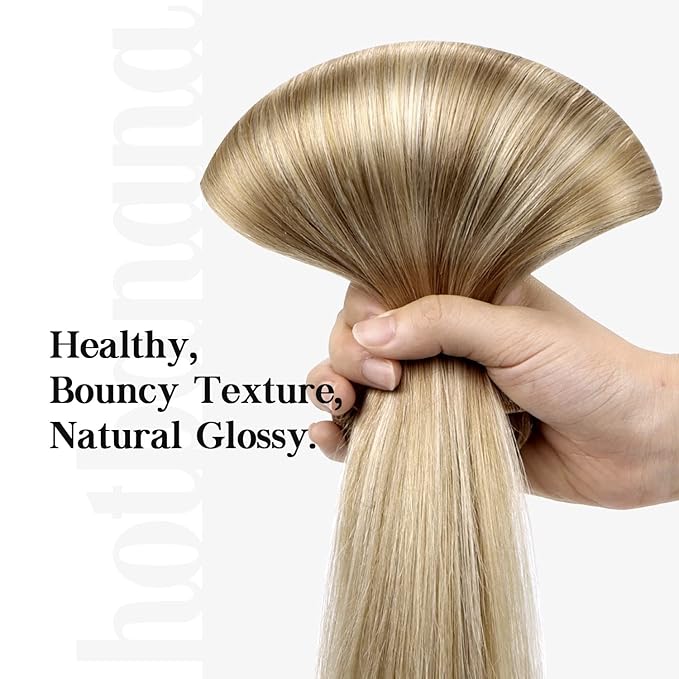 HOTBANANA Human Hair Clip in Hair Extensions, Ash Brown Highlighted Golden Blonde Hair Extensions 75g Real Human Hair Straight Remy Hair Clip Ins 12 Inch 7pcs
