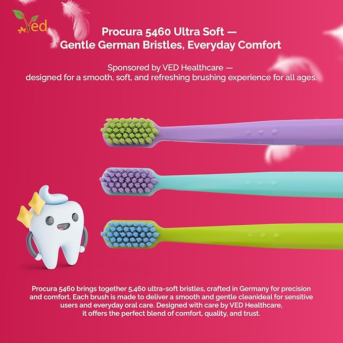 Ved ProCura Ultra Soft Toothbrush – Gentle Manual Toothbrush for Adults with 5,460 Super Soft Bristles for Sensitive Teeth and Gums (Purple+Cyan+Green)