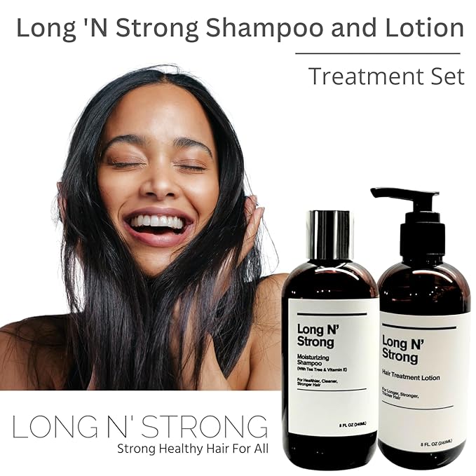 Long 'N Strong Shampoo and Lotion Treatment Set - Moisturizing and Strengthening Care for All Hair Types - Anti-Frizz, Repair Split Ends with Tea Tree and Vitamin E - 8 Fl Oz (240 ml)