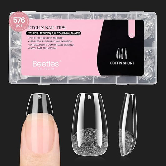 Beetles Short Coffin Nail Tips 576 PCS Half Matte Pre-shape Short Coffin Fake Nails 12 Sizes Full Cover Acrylic False Nails Nail Extension DIY Manicure Gifts for Women