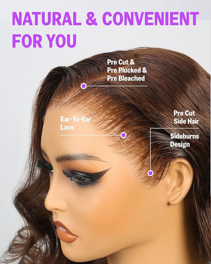 Chocolate Brown Glueless Wigs Human Hair Pre Plucked Pre Cut 13x6 Body Wave HD Lace Front Wigs Human Hair Glueless Wear and Go Drawstring Wig 20 Inch 220% Density