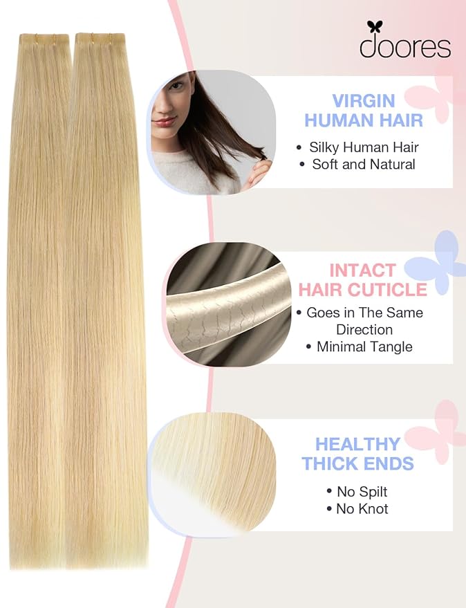 DOORES Invisi Edge Human Hair Extensions Tape in, Drity Blonde Mixed Platinum Blonde 10 Injection Tape-ins with 10 Injection Tape-ins 50g 24 Inch, Injected Tape in Virgin Human Hair