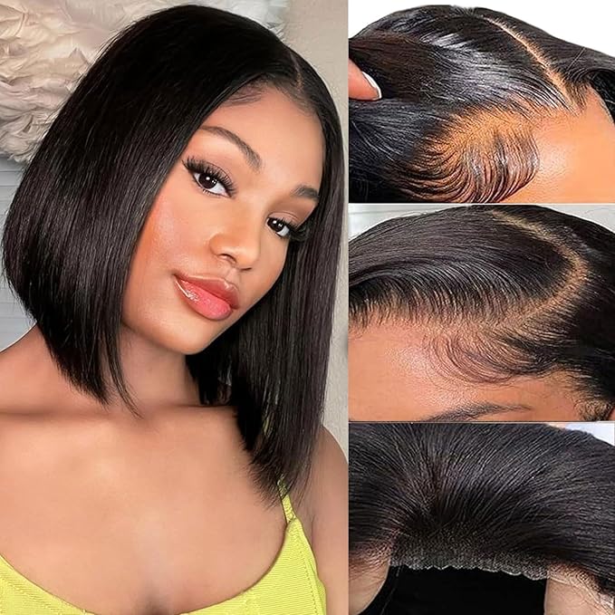 Wear and Go Glueless Bob Wig Human Hair Pre Plucked Pre Cut 4X4 HD Lace Closure Wigs Human Hair 3 Seconds to Wear Straight Lace Front Wigs Human Hair for Black Women Glueless Short Bob Wig (6 Inch )