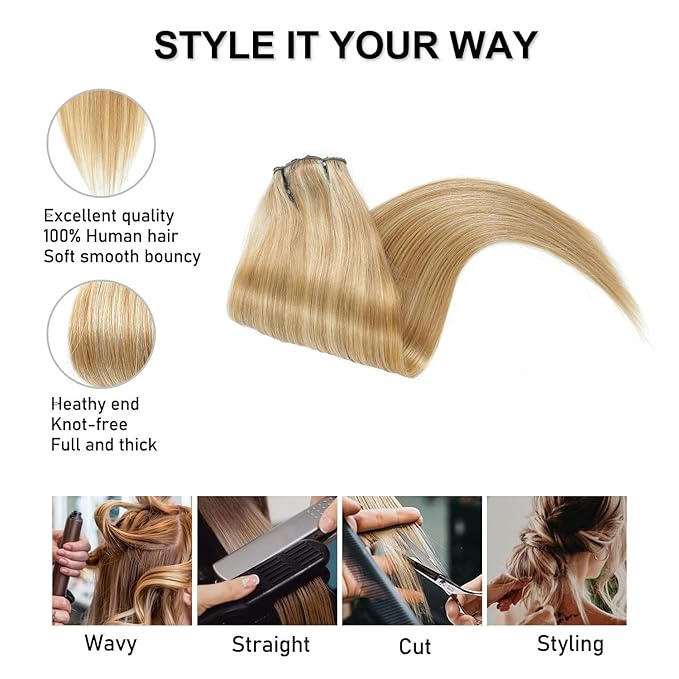 Clip in Hair Extensions Real Human Hair Dirty Blonde to Bleach Blonde 20 inch 7pcs 80g/Pack, Human Hair Clip in Extensions, Salon-Grade Quality, Easy Comfort Wear for Women (#P18/613, 20 inch)