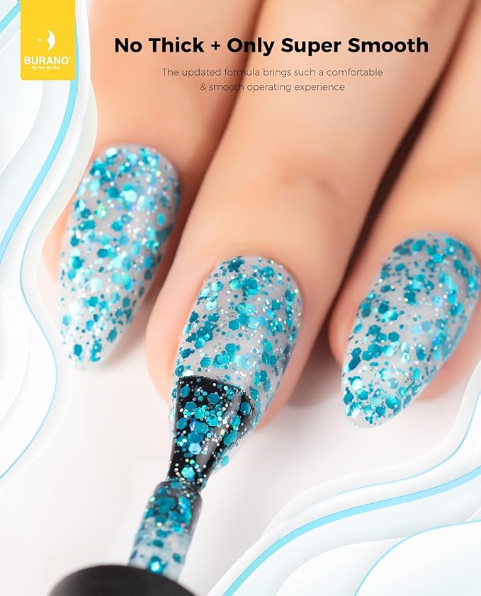 BURANO Glitter Nail Polish, LED UV Shimmer Holographic Effect Soak Off, No Chip Sparkle Polish for Home DIY Nail Salon (Lake Blue LP5)
