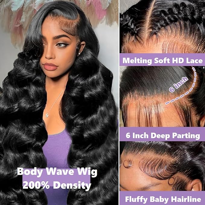 13x6 Lace Front Wigs Human Hair 200 Density Body Wave HD Lace Front Wigs Human Hair Pre Plucked Natural Color Glueless Wigs for Women 36 Inch