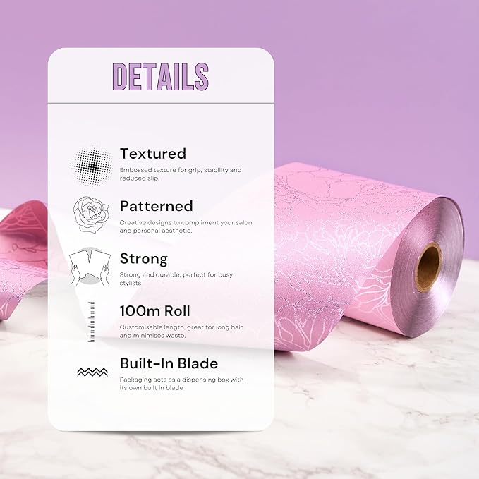 Premium Extra Wide Hair Foil 12.7cm x 100m - Ideal for Highlighting & Balayage, Built-in Cutter, Embossed Pink Floral Design - Professional Salon Hairdressing Foilââ‚¬¦