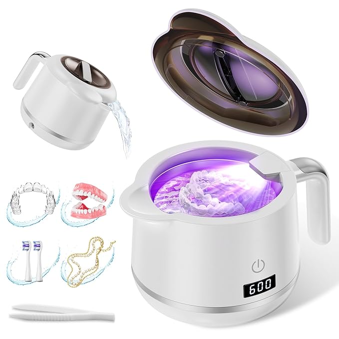 Ultrasonic Retainer Cleaner Machine - 45kHz Ultrasonic Cleaner - 200ML Mouth Guard & Denture Cleaner Pod & Jewelry - 5 Modes with Digital Timer - Upgrade Water Bottle Design, Porcelain White
