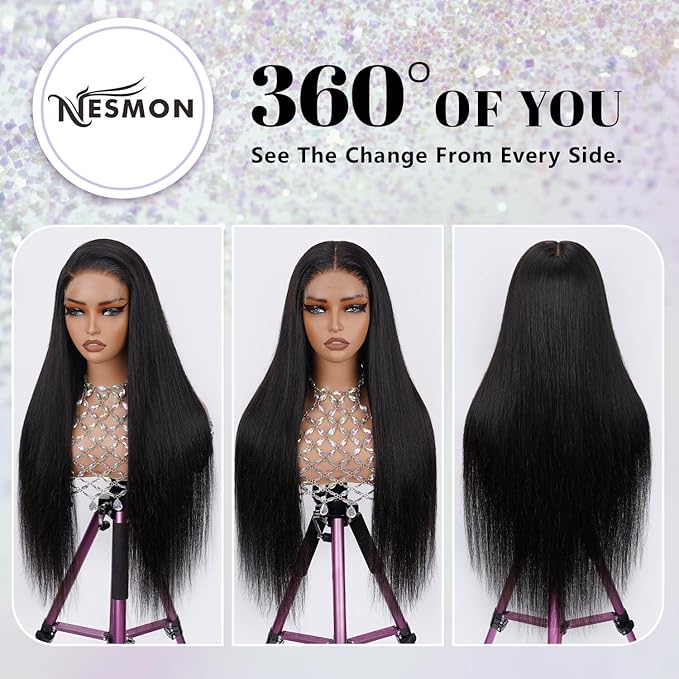 NESMON 5x5 HD Lace Closure Wigs Human Hair Glueless SKINLIKE HD Lace Front Wigs Human Hair Pre Plucked 200% Density 0.1 mm Ultra-thin Swiss Lace Straight Wigs for Women Bleached Knots 26 Inch