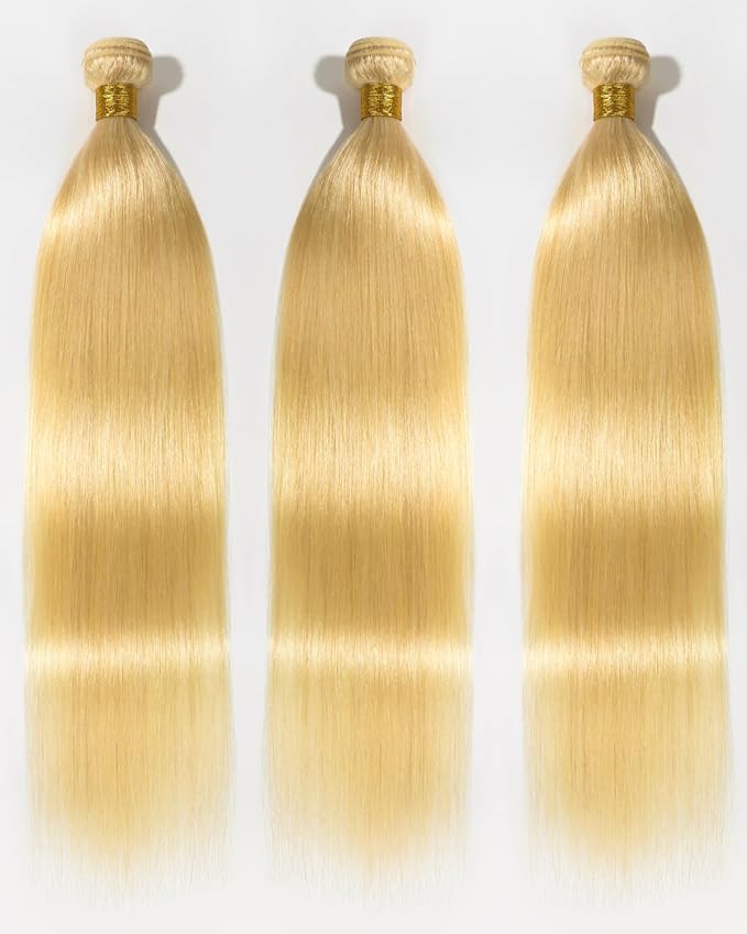 Arabella 613 Straight Bundles Human Hair 26 28 30 Inch Blonde Hair 100% Unprocessed Brazilian Virgin Hair 10A Weave Sew in Double Weft 3 Bundles Human Hair 613 Hair Extensions for Women
