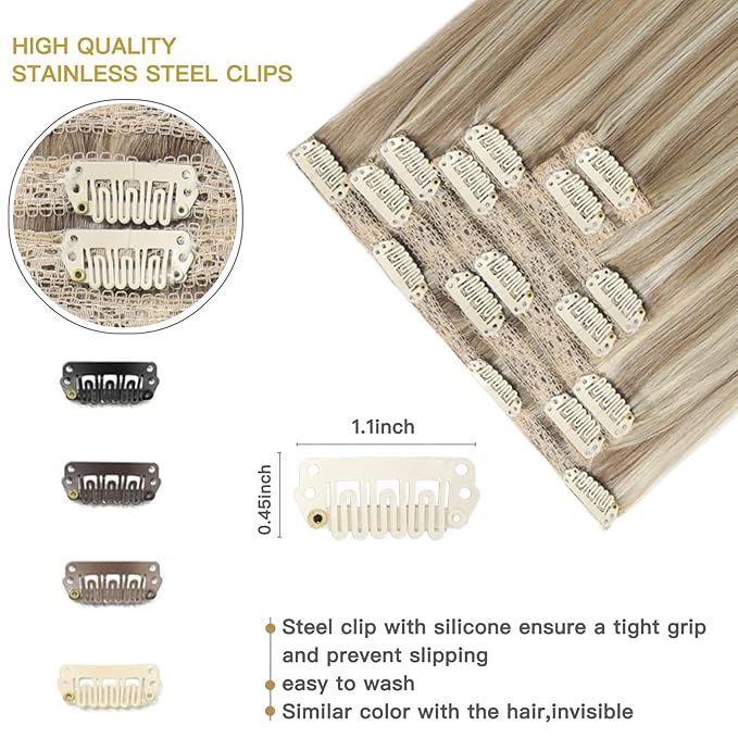 Clip in Hair Extensions Light Blonde Mix Golden Blonde Remy Clip on Hair Extensions Blonde Real Human Hair Clip in Extensions Double Weft 120g 7pcs 18inch
