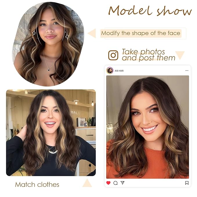 AISI HAIR Brown Mix Blonde Wig for Women Medium Length Wave Curly Glueless Synthetic Heat Resistant Hair Wigs for Daily Party Cosplay