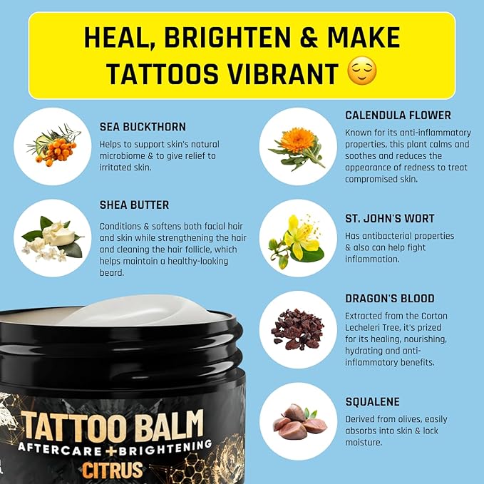 Derm Dude Tattoo Aftercare Brightening Balm | Moisturizing Balm to Heal Protect & Rejuvenate New & Existing Tattoos | Non-Greasy Formula with Dragon's Blood, Shea Butter & St John's Wort, Citrus 2oz