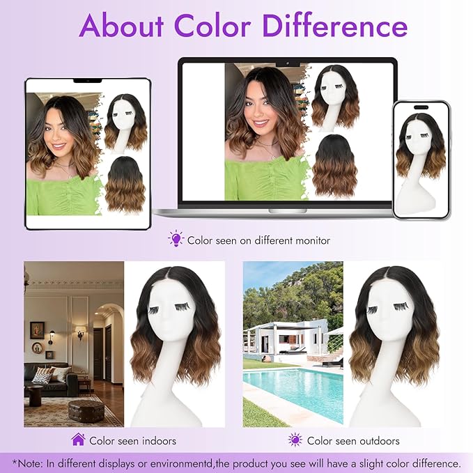 Ombre Brown Short Wavy Wig for Women Lace Hairline Bob Style Synthetic Heat Resistant - Natural Appearance for Everyday Hairstyle 14 Inch
