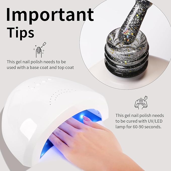 Silver Gel Polish Glitter Hema Free 0.34 OZ Same Color Same Top Cover Silver Reflective Sparkle UV Polish Christmas Manicure Art DIY
