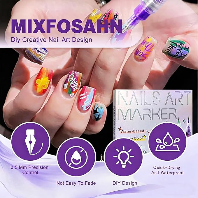 12 Color Nail Art Pens 0.5 MM Nail Polish Pens Set Drawing Painting Point Liner Acrylic Painted Pen Kit Waterproof and Quick-drying Nail for DIY Nails Art Design Manicure Tools (Pattern Templates)