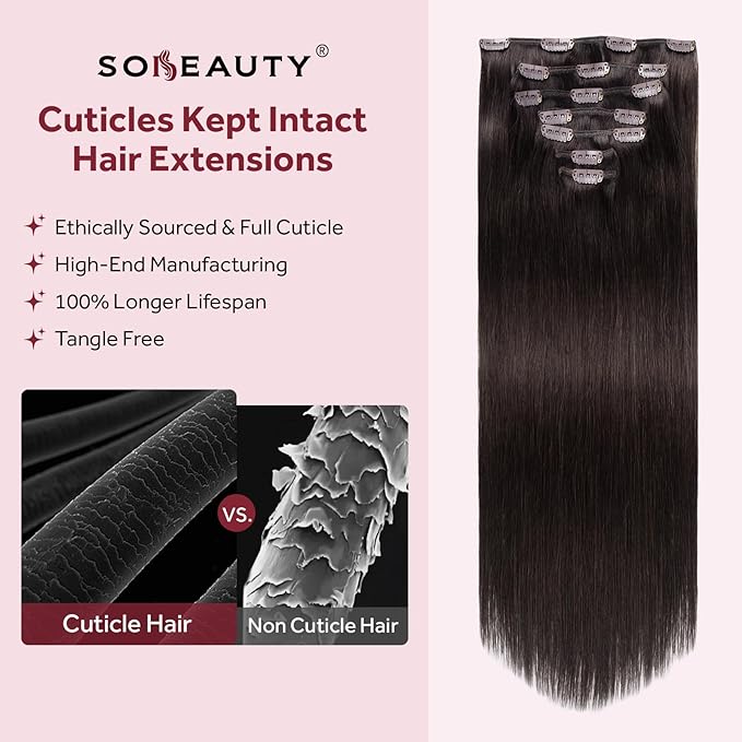 Clip in Hair Extensions Real Human Hair, Remy Human Hair Clip in Extensions for Long Hair, Dark Brown Straight Hair Extensions Add Volum add Length #2 24Inch 120G 7PCS
