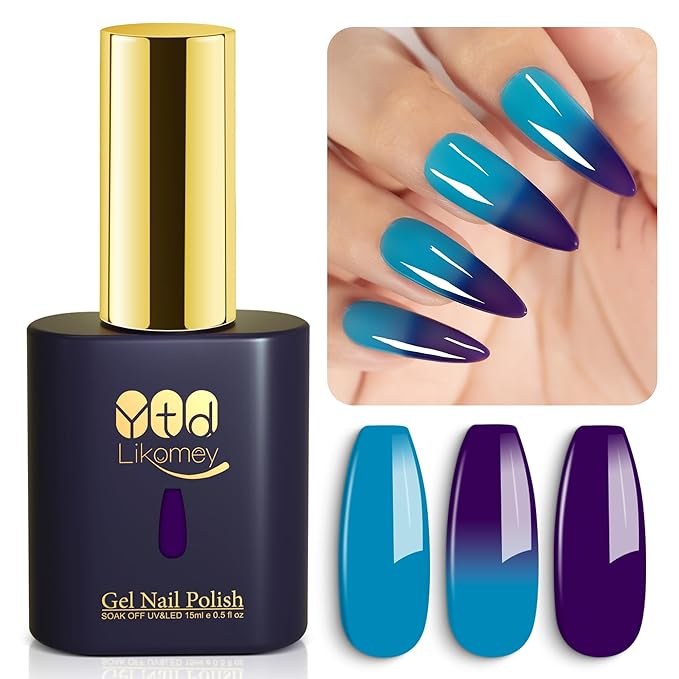 YTD Likomey Color Changing Gel Nail Polish,15ml Deep Purple To Turquoise Green Mood Temperature Change Colors,Thermal Ombre Home Salon Fall Winter Manicure UV Nail Gel,WB421