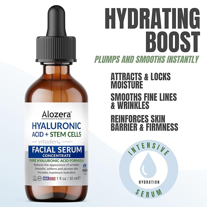 Alozera Vitamin C Body Lotion (2-Pack) and Hyaluronic Acid Serum with Ceramides and Stem Cells – Hydrating and Rejuvenating Skincare Duo for Face, Neck and Body, Lightweight, Fragrance-Free, Made in U