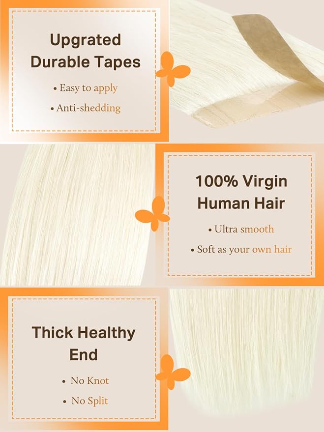 DOORES Tape in Hair Extensions Real Human Remy, Pearl Blonde 18 Inch 50g 20pcs, Tape in Extensions Human Hair Real Remy Natural Straight Light Blonde Seamless for Women