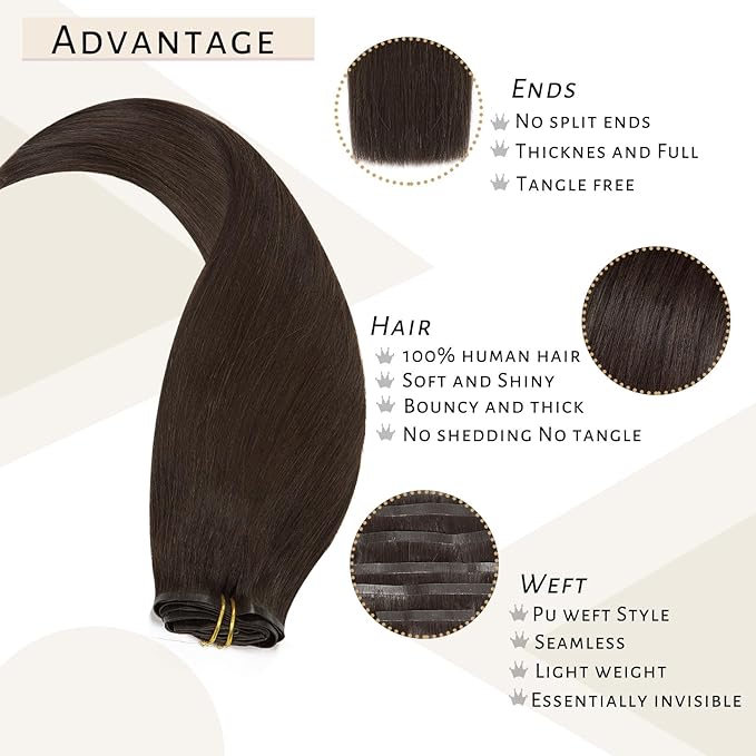 Caliee Seamless Clip in Hair Extensions 2A Light Dark Brown Clip in Remy Human Hair Extensions Invisible PU Skin Weft Natural Straight Hair 14Inch 110G 7Pcs Clip in Hair Extensions for Woman