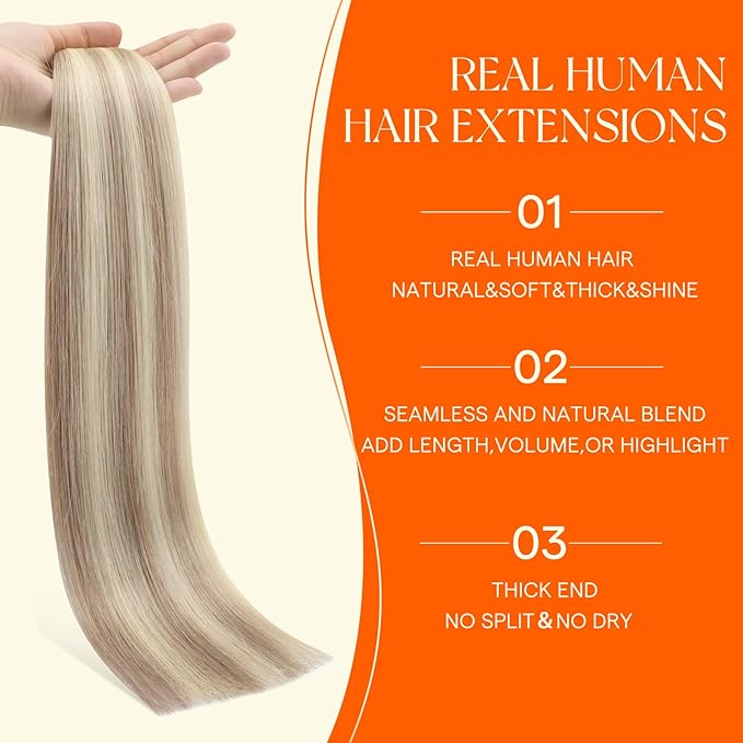 Full Shine Injection Tape in Hair Extensions Color 18/613 Ash Blonde and Light Blonde 24 Inch Invisible Tape in Extensions Long Straight Skin Weft 50 Grams 20 Pcs for Party