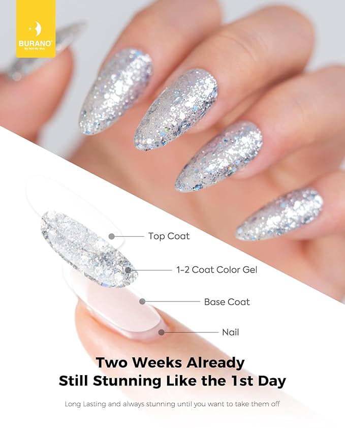 BURANO Glitter Gel Nail Polish with LED UV Curing, Sparkle Gel Holographic Effect, Soak off, No Chip Home DIY Salon (Silver LP19)