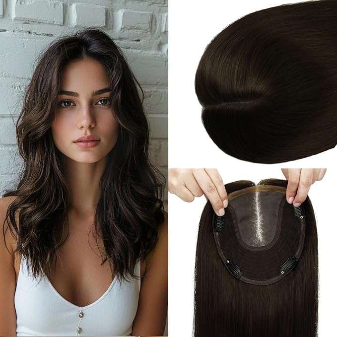 HAIR Toppers for Women Real Human Hair 6x7 inch 150 Density Base 14 inch 65 grams darkest brown Human Hair Topper for Women with Thinning Hair(#2 14inch)