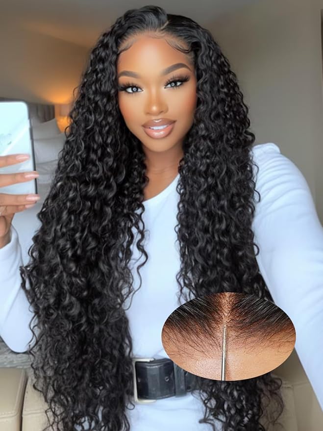 28 Inch Pre Cut 7X5 HD Lace Glueless Water Wave Wigs Human Hair Pre Plucked ,Curly Wear and Go Pre Bleached Knots Lace Front Wig Natural Hairline with Baby Hair for Women 200% Density Natural Black