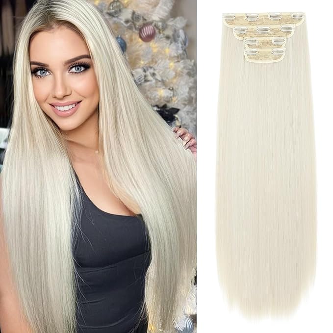 REECHO 28" Straight Long 4 PCS Set Thick Clip in on Hair Extensions -Platinum Blonde