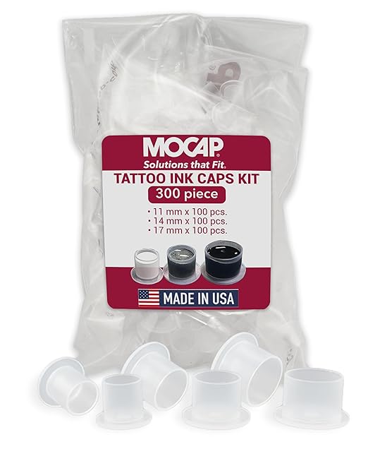 MOCAP Tattoo Ink Caps Kit (FC Series) – Flexible, Durable & Versatile Plastic Flanged Ink Caps for Tattoo Artists, Moisture & Dust Prevention, Secure & Easy to Use, LDPE Material - 300 Total Pcs