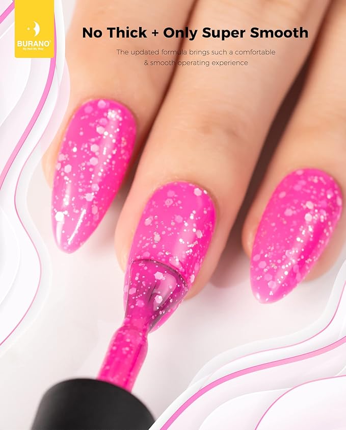 BURANO Glitter Gel Nail Polish, LED UV Nail Gel Shimmer Holographic Effect Soak off Gel Curing Required, No Chip Gel Polish Sparkle Gel Home DIY Nail Salon (Hot pink LP6)