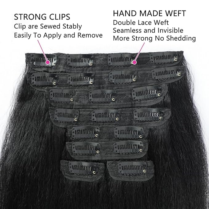 16 Inch Kinky Straight Clip in Hair Extensions Real Human Hair for Women 8Pcs 130g Yaki Straight Clip ins Brazilian Remy Human Hair Extensions Yaki clip ins hair extensions double weft with 20clips