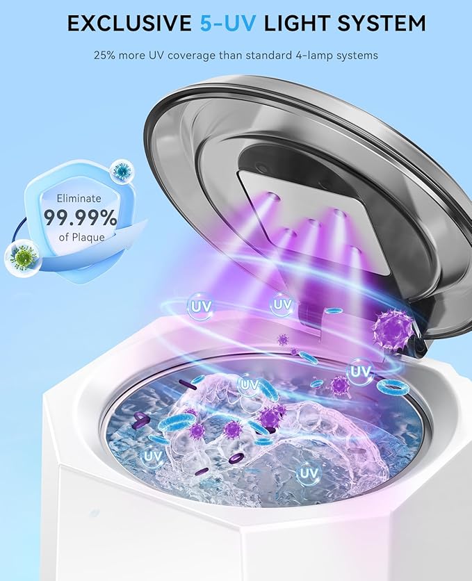 SUNPOW Ultrasonic Retainer Cleaner - 48kHz Retainer Cleaner Machine with 5 UV Lights for Dentures，Night Guards, Mouth Guards- 220ML Dental Cleaning Pod Upgrade Design