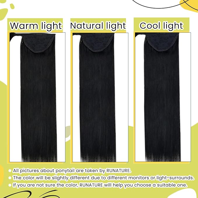 RUNATURE Black Ponytail Extension Human Hair, Clip in Ponytail Hair Extensions for Women, Comfortable Lace Ponytail Extension, Long Straigth Hair, Wrap Around, 18 Inch 80g #1 Jet Black