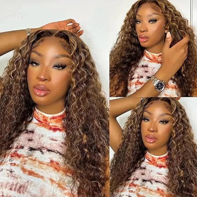 13x4 Highlight Ombre HD Lace Front Wig Human Hair For Women 180 Density 4/27 Colored Deep Wave Lace Frontal Wigs Curly Honey Blonde Wig Human Hair Pre Plucked With Baby Hair 24inch