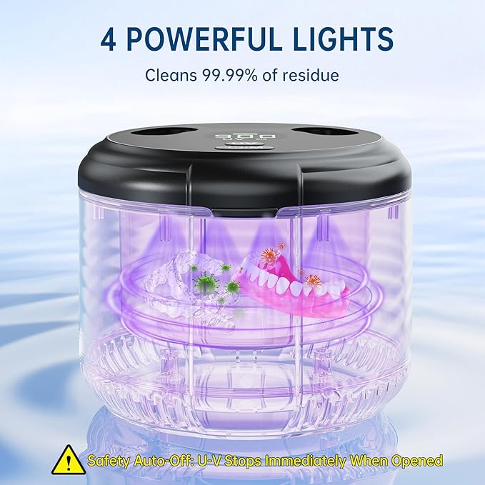 45kHz Ultrasonic Retainer Cleaner, Dental Cleaning Pod for Mouth Guard, Invisalign, Aligner, Night Guard, Braces, Toothbrush, Jewelry, Powerful Denture Cleaner Machine with Digital Timer (Black)