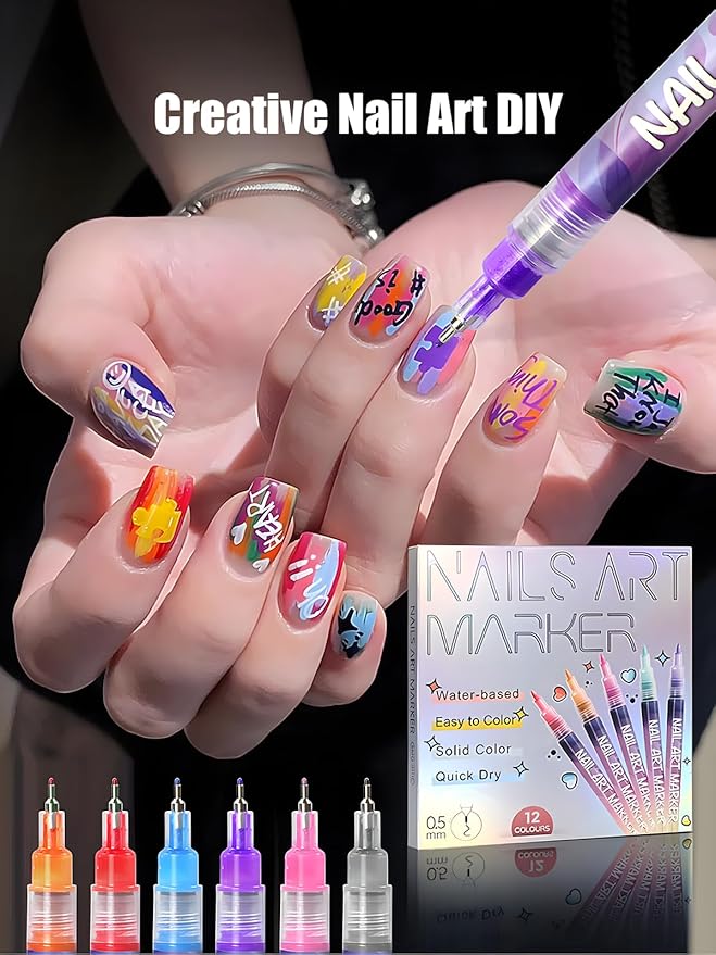 Fine Tips 3D Nail Art Pens, 12 Colors 0.5 MM Nail Marker Pens Nail Point Graffiti Dotting Drawing Painting Liner Pen for Home Salon Quickly Dry Nail Art Christmas Gift