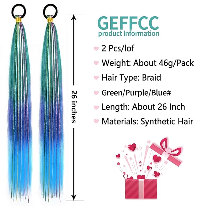 2 Pack Braid Ponytail Extensions, 26 Inch Braided Ponytail Wig with Elastic Tie for Girls (Green/Purple/Blue#, 26 Inch (Pack of 2))