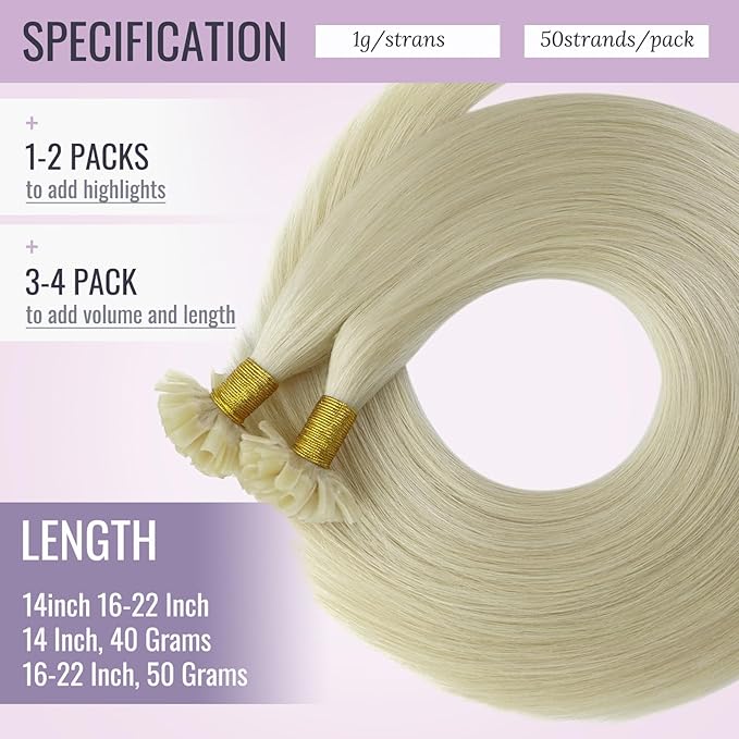 Fshine White Blonde U Tip Human Hair Extensions 22 Inch Prebonded Real Human Hair Extensions Hot Fusion Hair Keratin U Tip 50g/50s Blonde Remy Bondings Extensions