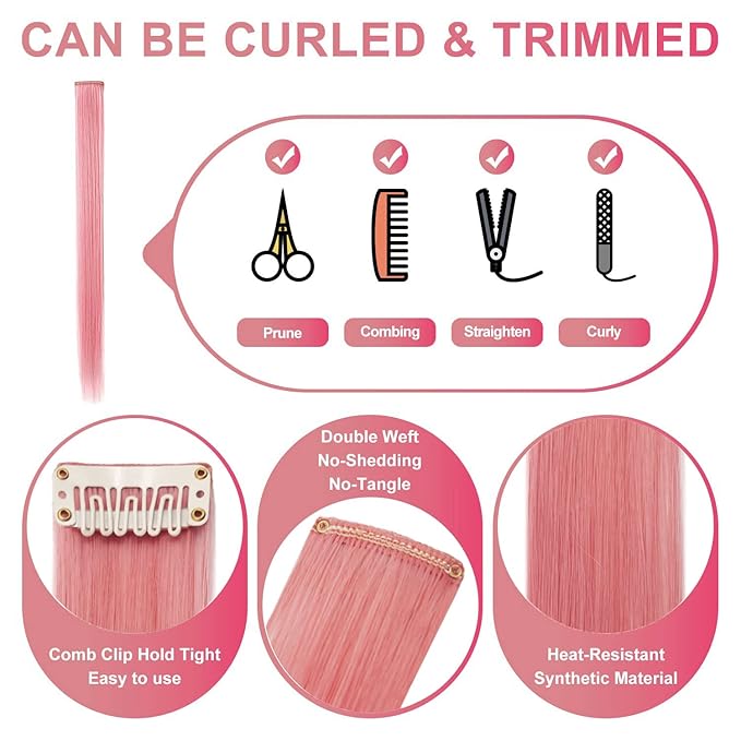 Rhyme 9 PCS Smoke Pink Hairpieces Colored Hair Extensions Clip in/on for America Girls and Women Wig Pieces Princess Party Highlight (Light Pink)