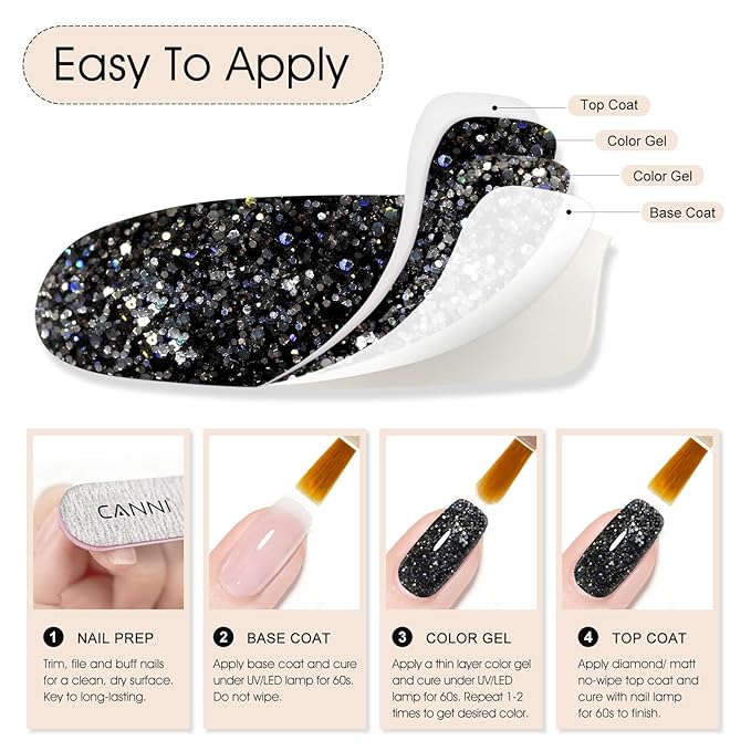 CANNI Glitter Gel Nail Polish – 1pcs 9ml Black Color, Diamond Glitter Series, Soak Off UV LED Gel Nail Polish for DIY Nail Art, Salon or Home Manicure